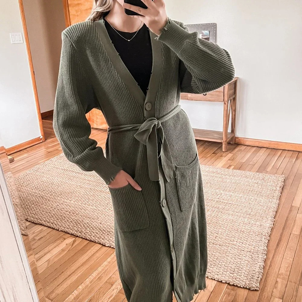 SER.O.YA Amanda Green Knit V Neck Tie Waist Button Down Sweater Dress Maxi L